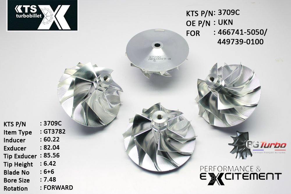 Turbo ROUE FORGÉE MFS PERFORMANCE - 6+6 PALES - INDUCER : 60,22 - EXDUCER : 82,04 - TYPE : GT3782ANGLE : 60° - ROTATION : Forward - SUPER BACK : 5,4 - BORE SIZE : 7,48
